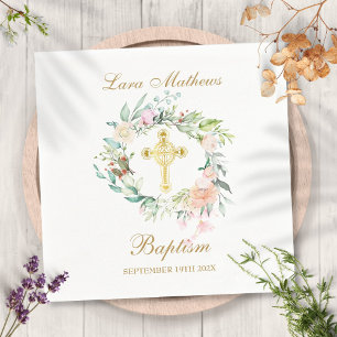 Rose Floral Garland Gold Cross Baptism Christening Napkin