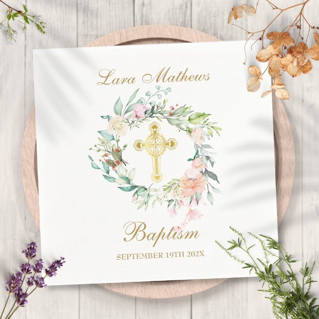 Rose Floral Garland Gold Cross Baptism Christening Napkin (Creator Uploaded)