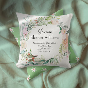 Rose Floral Garland Personalised Baby Birth Stats  Cushion