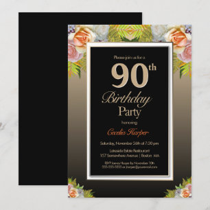 Rose Floral Gold Border Black 90th Birthday Party Invitation