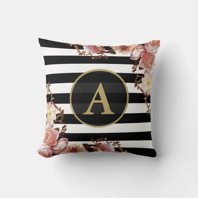 Rose Floral Gold Monogram Black White Stripe Cushion (Front)