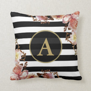 Rose Floral Gold Monogram Black White Stripe Cushion
