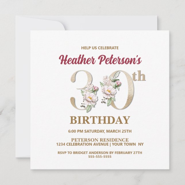 Rose Floral H 30th Birthday Party Invitation (Front)