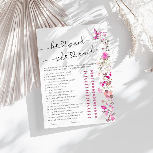 Rose Floral He Said She Said Bridal Shower Game 