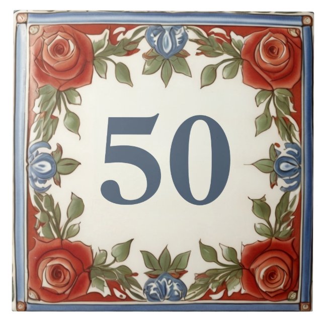 Rose Floral House Door Number Plate Sign Plaque Ceramic Tile (Front)