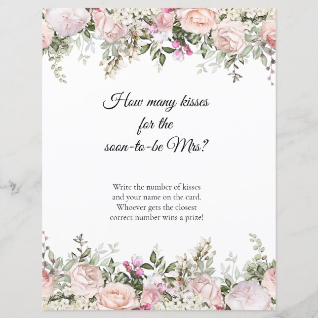 Rose Floral How Many Kisses Bridal Shower Game (Front)