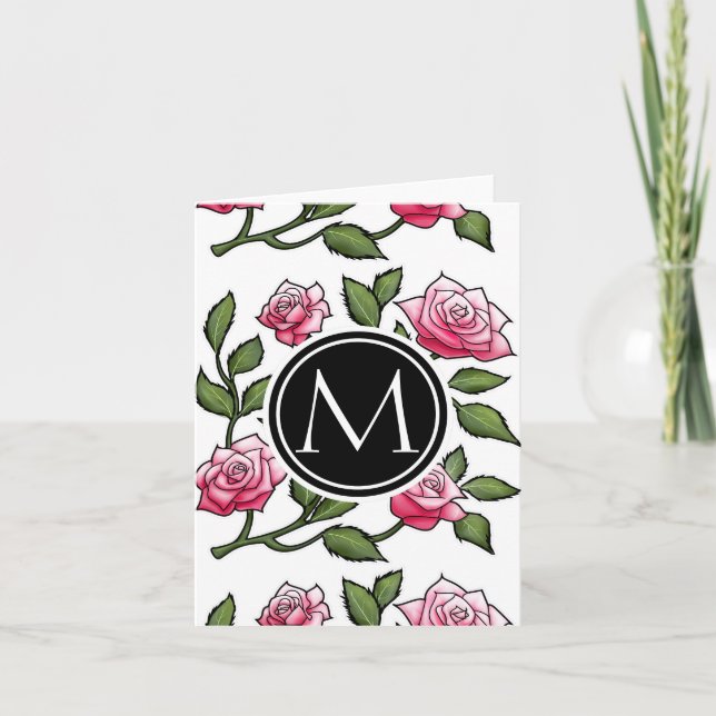 Rose Floral Illustration and Monogram Note Card (Front)
