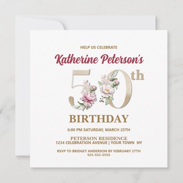 Rose Floral K 50th Birthday Party Invitation (Front)