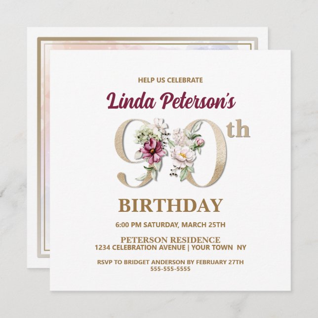 Rose Floral L 90th Birthday Party Invitation (Front/Back)