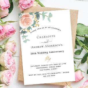 Rose floral pink 50th luxury wedding anniversary invitation