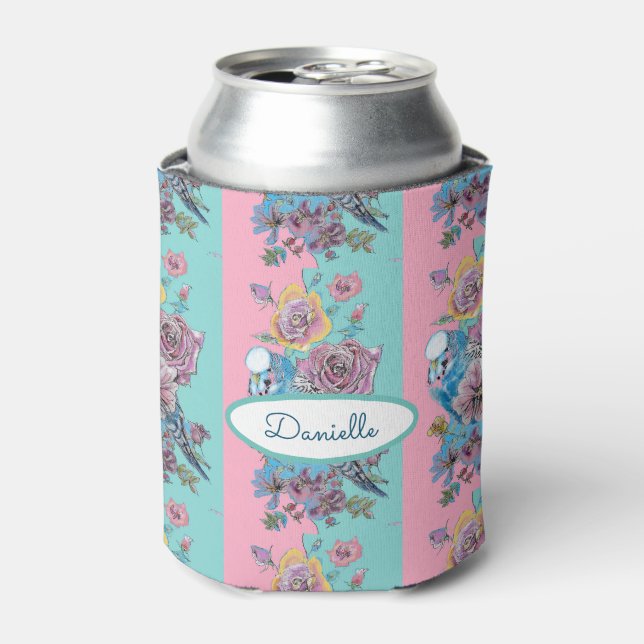 Rose Floral Roses Budgie Bird Womans Pink Aqua Can Cooler (Can Front)