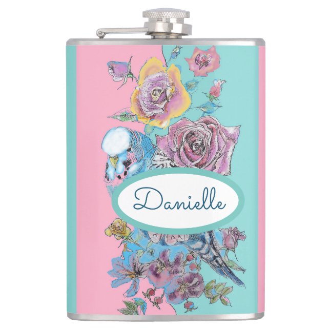 Rose Floral Roses Budgie Bird Womans Pink Aqua Hip Flask (Front)