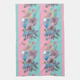 Rose Floral Roses Budgie Bird Womans Pink Aqua Tea Towel