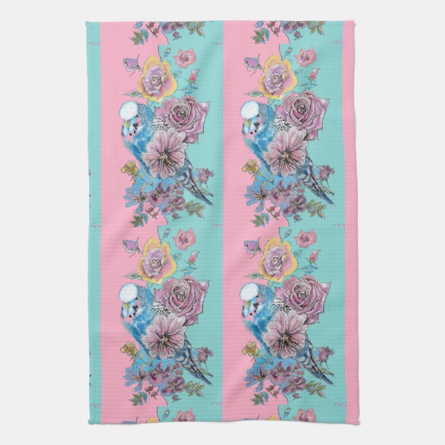 Rose Floral Roses Budgie Bird Womans Pink Aqua Tea Towel (Vertical)