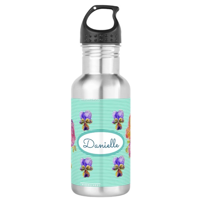 Rose Floral Roses Garden Womans Pink Aqua Stripe 532 Ml Water Bottle (Front)