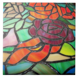 Rose Floral Stained Glass Ceramic Tile