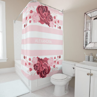Rose Floral Stripes Shower Curtain