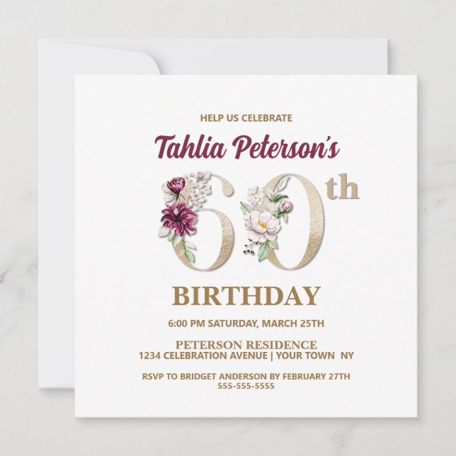Rose Floral T 60th Birthday Party Invitation (Front)