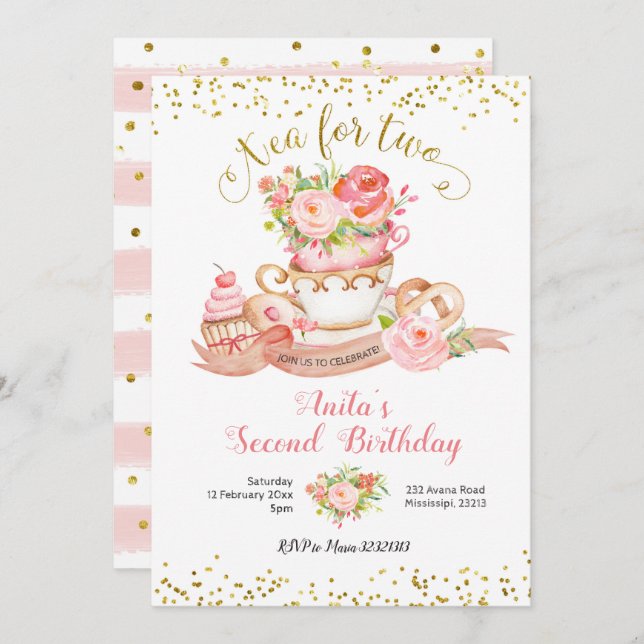 Rose Floral Tea for Two Birthday Party Invitation (Front/Back)