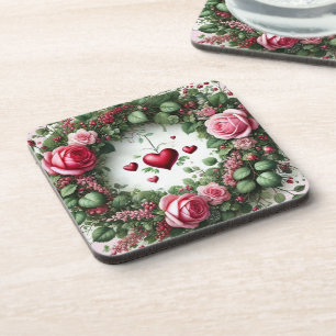 Rose Floral Twine Wreath with Red Hearts Coaster