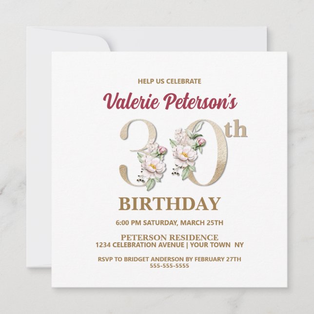 Rose Floral V 30th Birthday Party Invitation (Front)