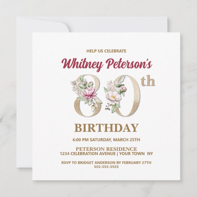 Rose Floral W 80th Birthday Party Invitation (Front)