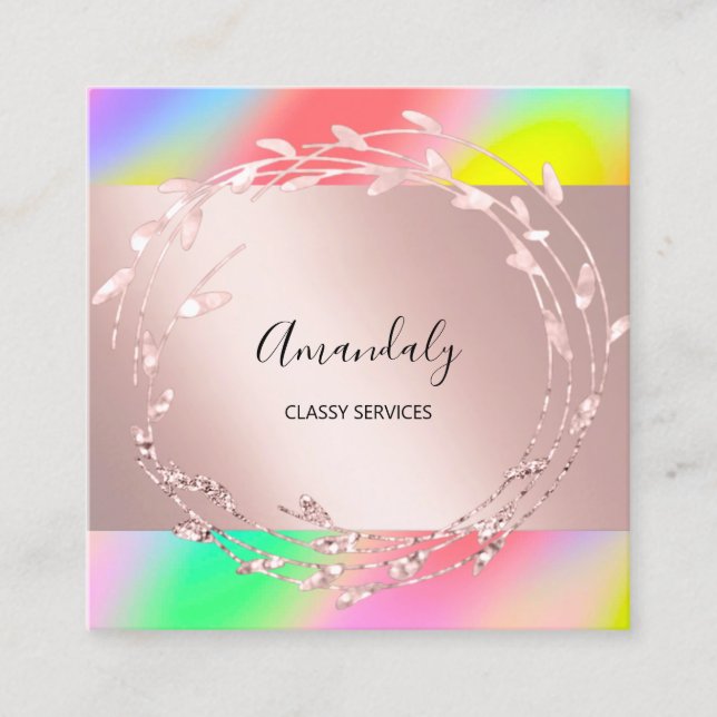 Rose Floral Wreath Elegant Event Holographic Square Business Card (Front)