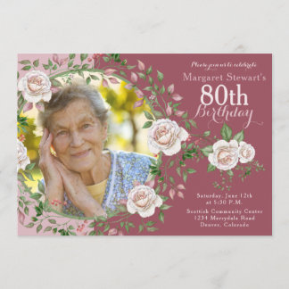 Rose Floral Wreath Photo Birthday Invitation