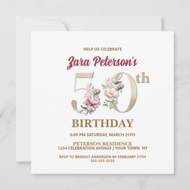 Rose Floral Z 50th Birthday Party Invitation (Front)