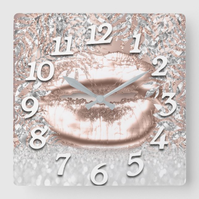 Rose FloralKiss Lips Numbers Beauty Silver Square Wall Clock (Front)