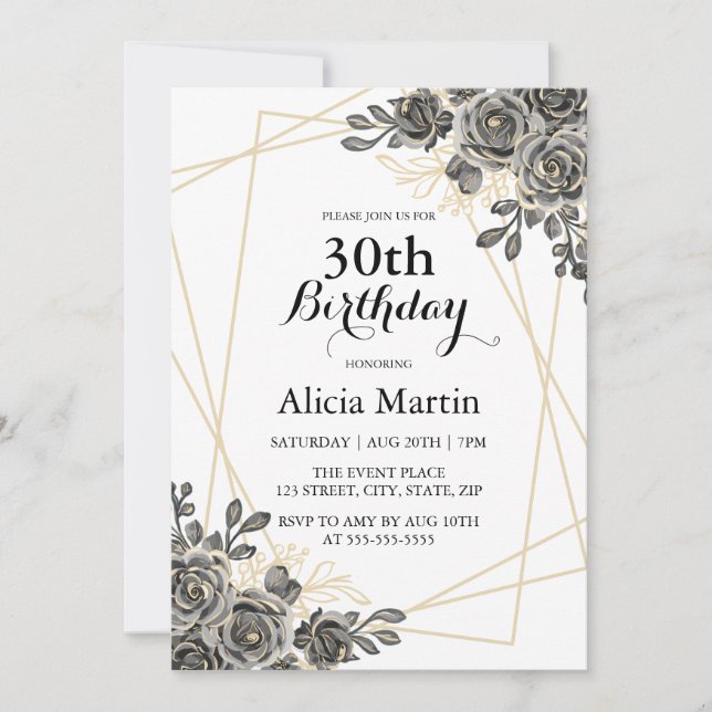 Rose Flower Black & Gold Woman Adult Birthday  Invitation (Front)