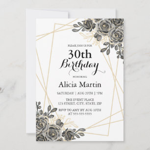 Rose Flower Black & Gold Woman Adult Birthday  Invitation