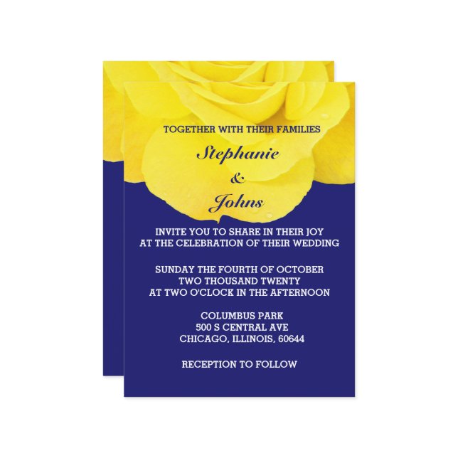 Rose Flower Golden Yellow Midnight Blue Wedding Invitation (Front/Back In Situ)