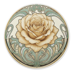 Rose Flower Green Cream Gold Art Deco Nouveau Ceramic Knob