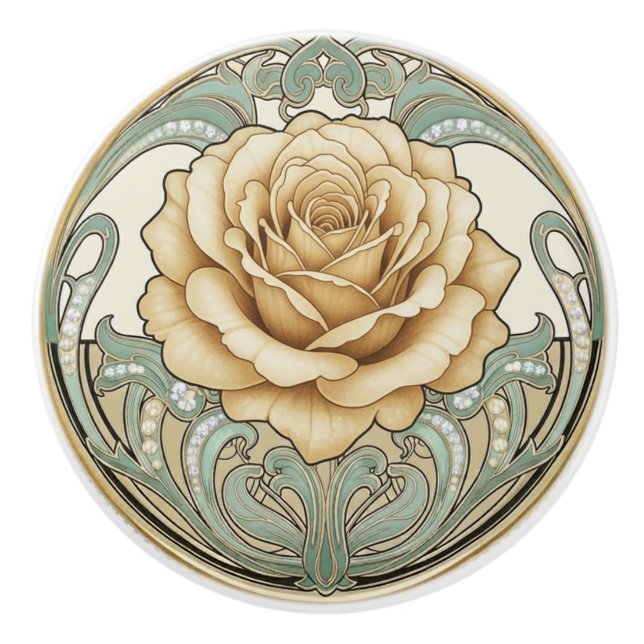 Rose Flower Green Cream Gold Art Deco Nouveau Ceramic Knob (Front)