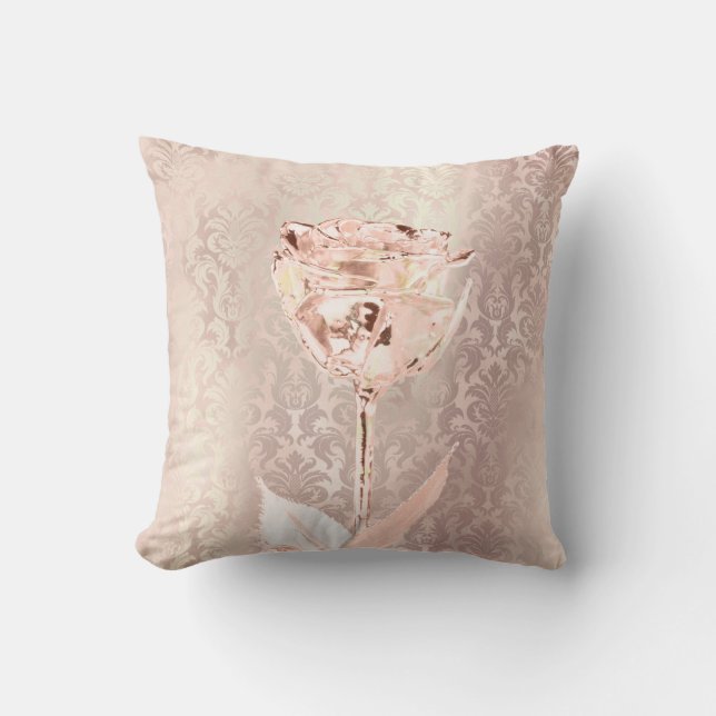 Rose Flower Pink Blush Powder Lux Metallic Damask Cushion (Front)