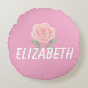 Rose Flower Pink Name Round Cushion