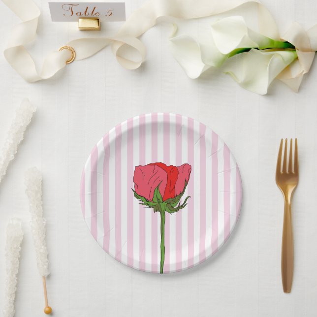Rose Flower Pink Stripe Paper Plate (Wedding)