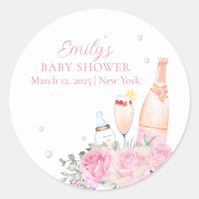 Rose Flower Poppin Champagne Bottles Baby Shower Classic Round Sticker (Front)