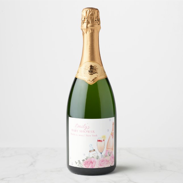 Rose Flower Poppin Champagne Bottles Baby Shower Sparkling Wine Label (Front)