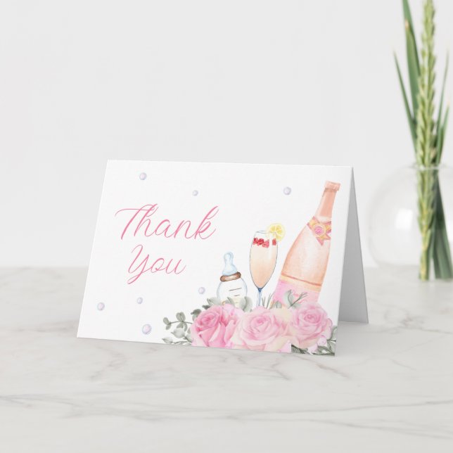 Rose Flower Poppin Champagne Bottles Baby Shower Thank You Card (Front)