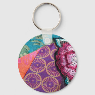Rose flower tapestry key ring