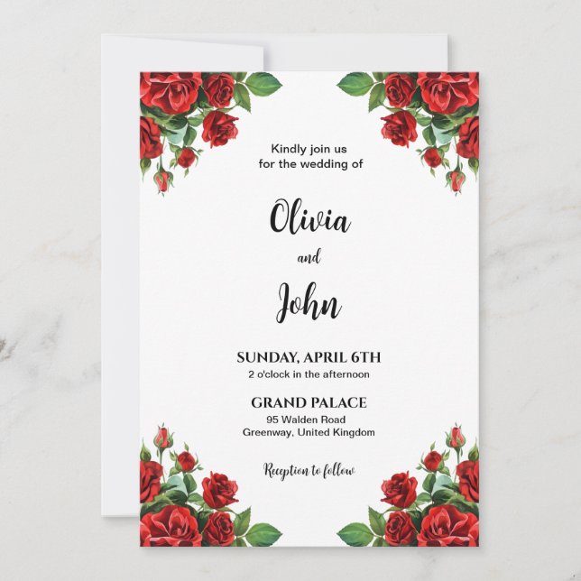 Rose Flower Wedding Invitation Template, Printable (Front)