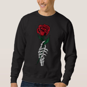 Rose Flower White Skeleton Hand Holding A Red Rose Sweatshirt