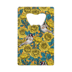 Rose flowers and goldfinch birds