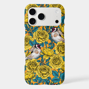 Rose flowers and goldfinch birds