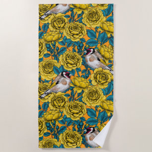 Rose flowers and goldfinch birds beach towel