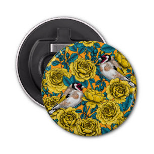 Rose flowers and goldfinch birds bottle opener