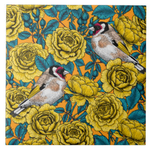 Rose flowers and goldfinch birds ceramic tile