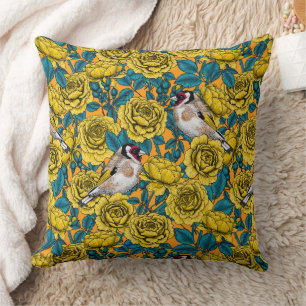 Rose flowers and goldfinch birds cushion